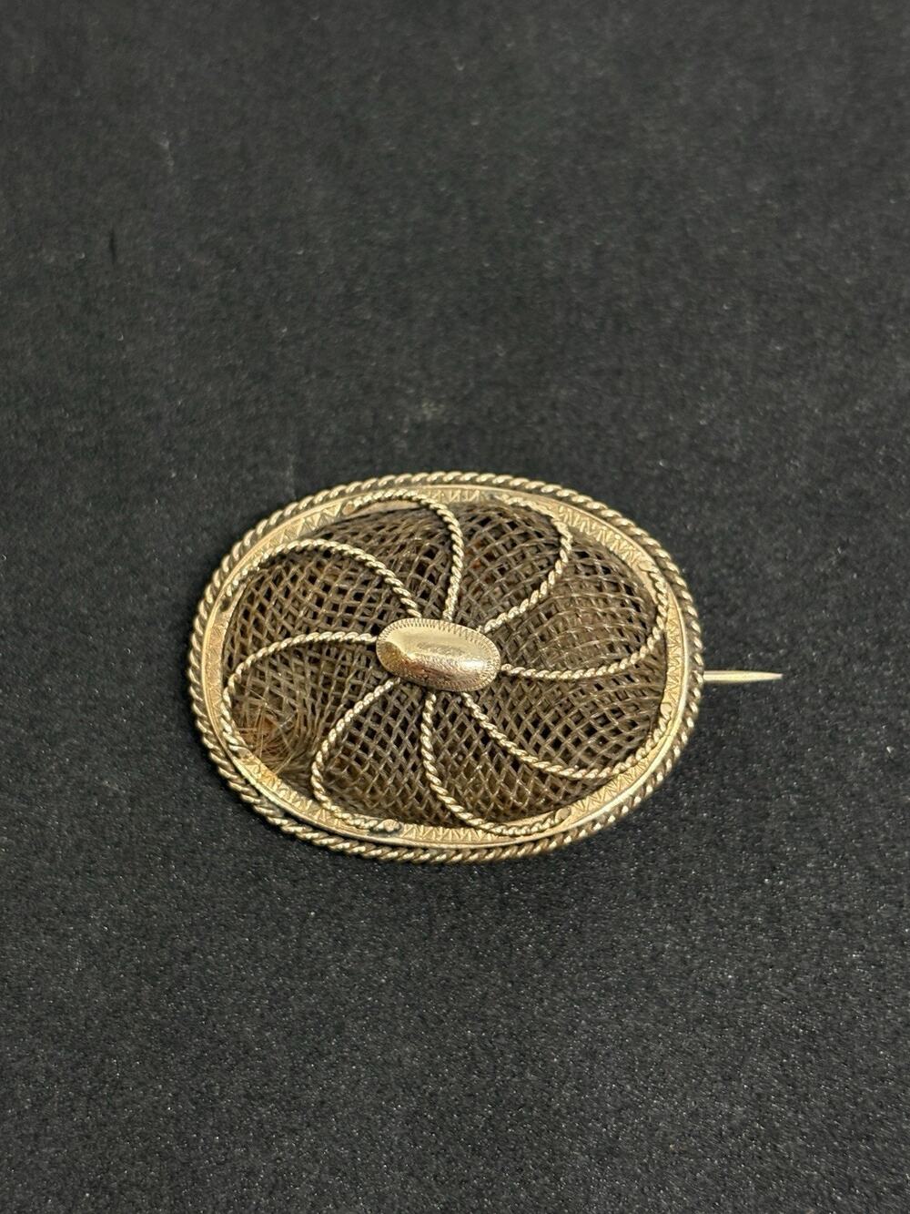 Antique Victorian 14k Gold Mourning Hair Weaven Oval Engraved Brooch Pin 4 Gr